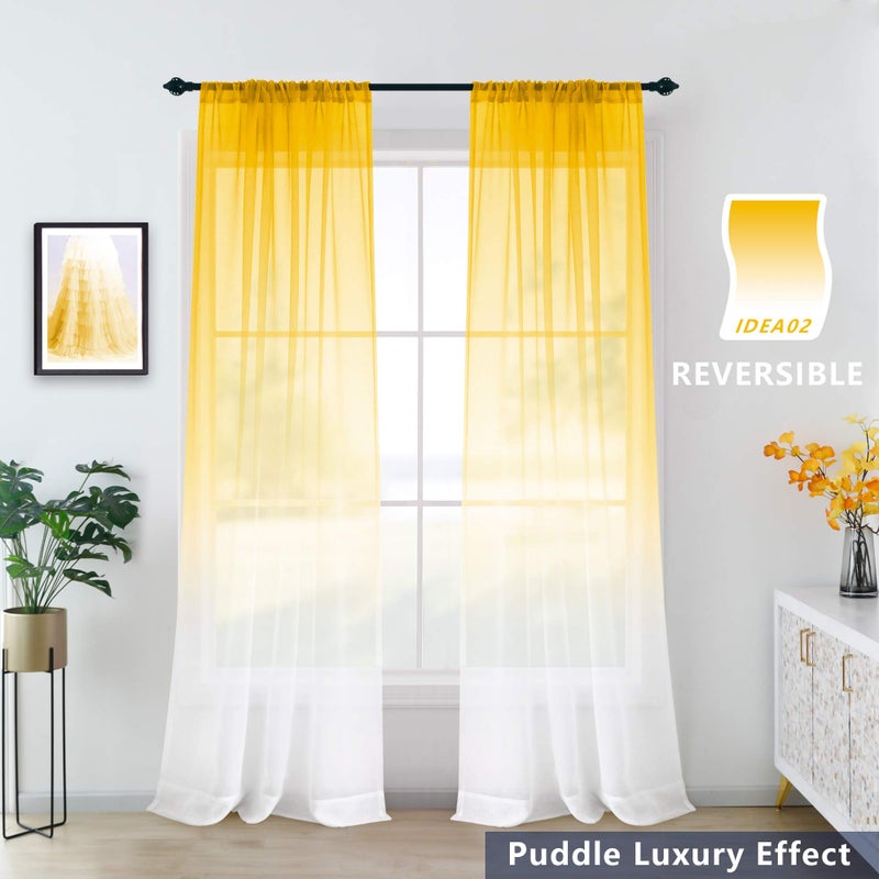 KOUFALL Spring Yellow Sheer Curtains 84 Inches Long, Bright Yellow and White Summer Curtains for Living Room, 2 Panel Set, Lemon Yellow - Image 3